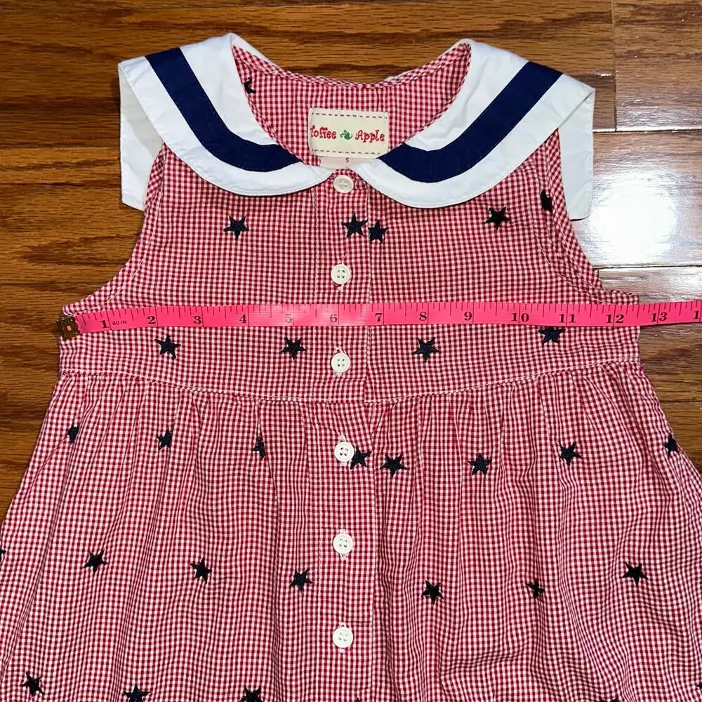 Vintage Toffee Apple Girls Red Gingham Patriotic Star Sailor Collar Dress Size 5